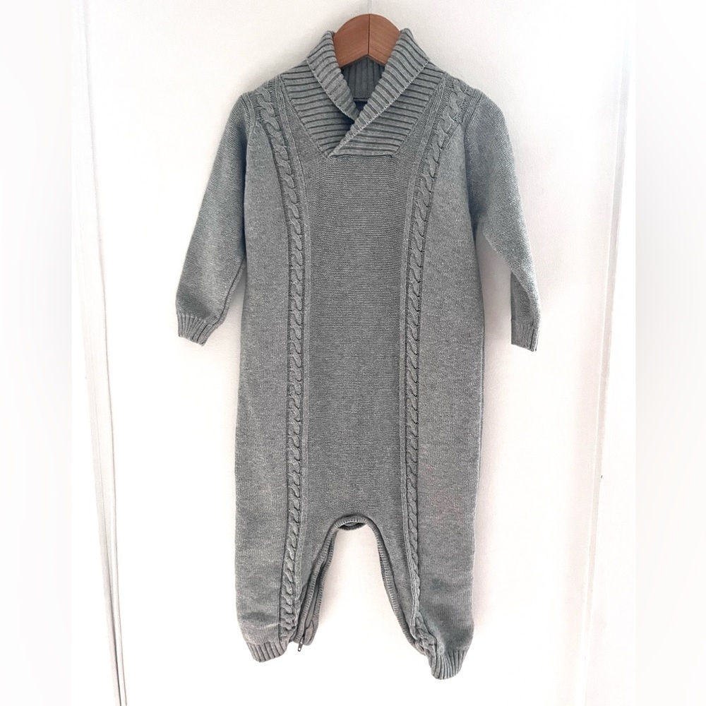 Amazing Cable Knit Jumpsuit, Shawl Collar, Gray, Zip Up Legs, Soft 100% Cotton